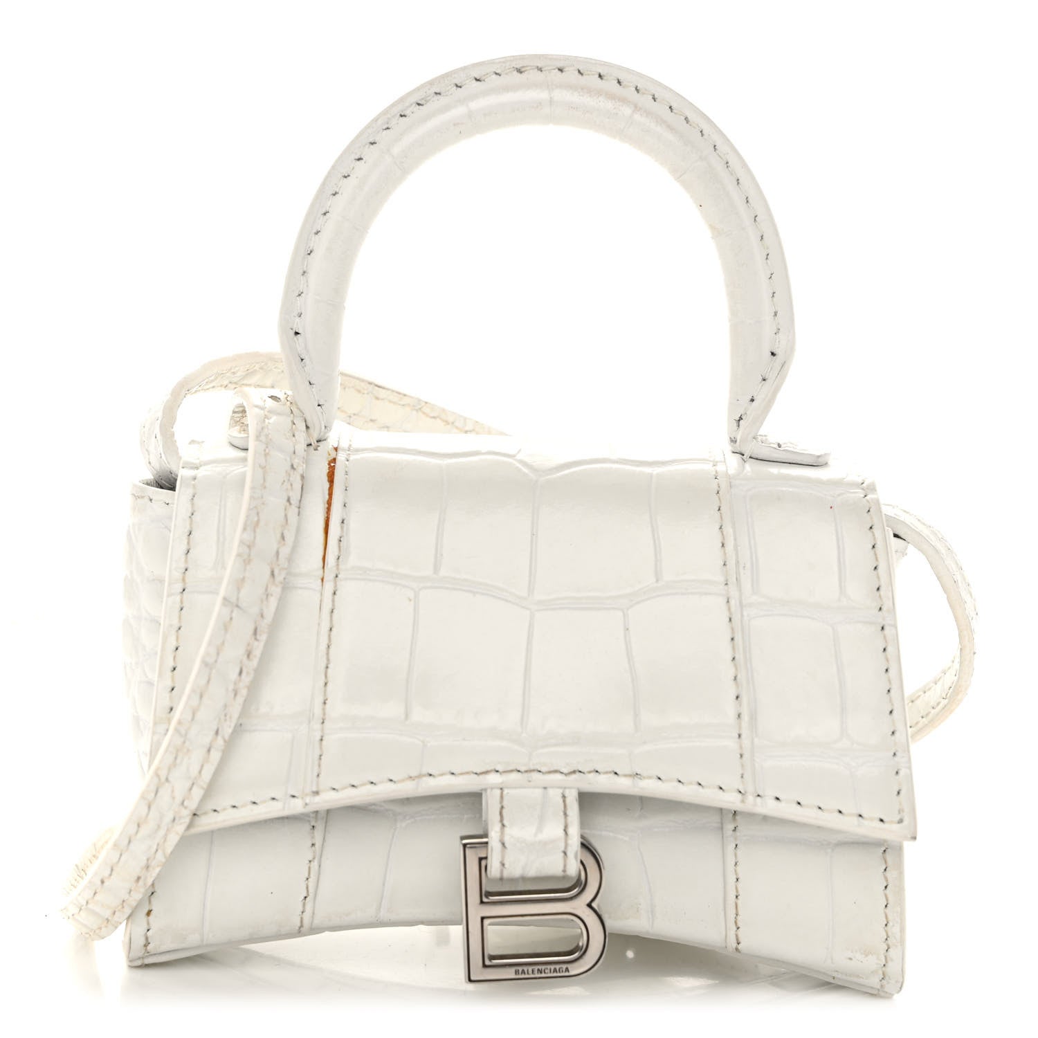 Balenciaga Shiny Calfskin Crocodile Embossed Hourglass Top Handle Bag XS White 1 of 12