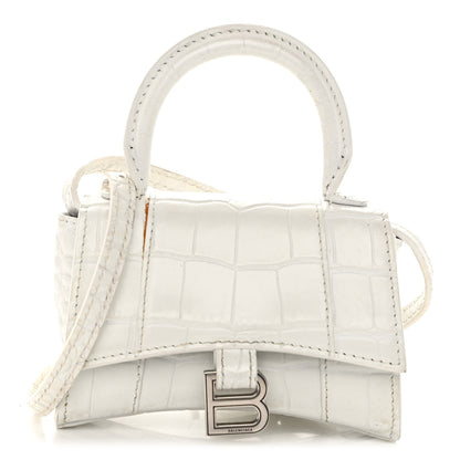 Balenciaga Shiny Calfskin Crocodile Embossed Hourglass Top Handle Bag XS White 1 of 12