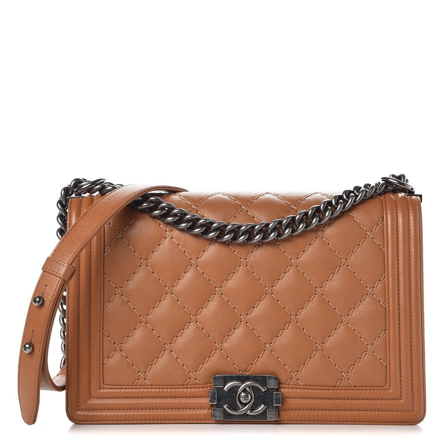 Calfskin Quilted Double Stitch New Medium Boy Flap Camel