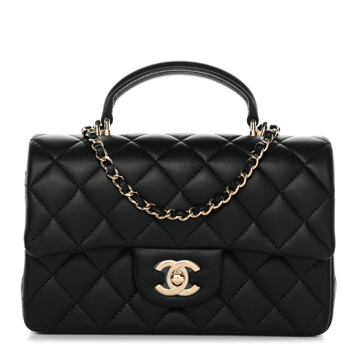 Lambskin Quilted Mini Top Handle Rectangular Flap Black