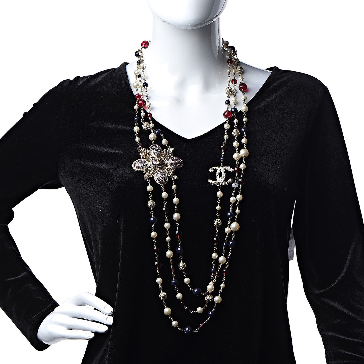 Pearl Bead Crystal CC Long Necklace Gold Red