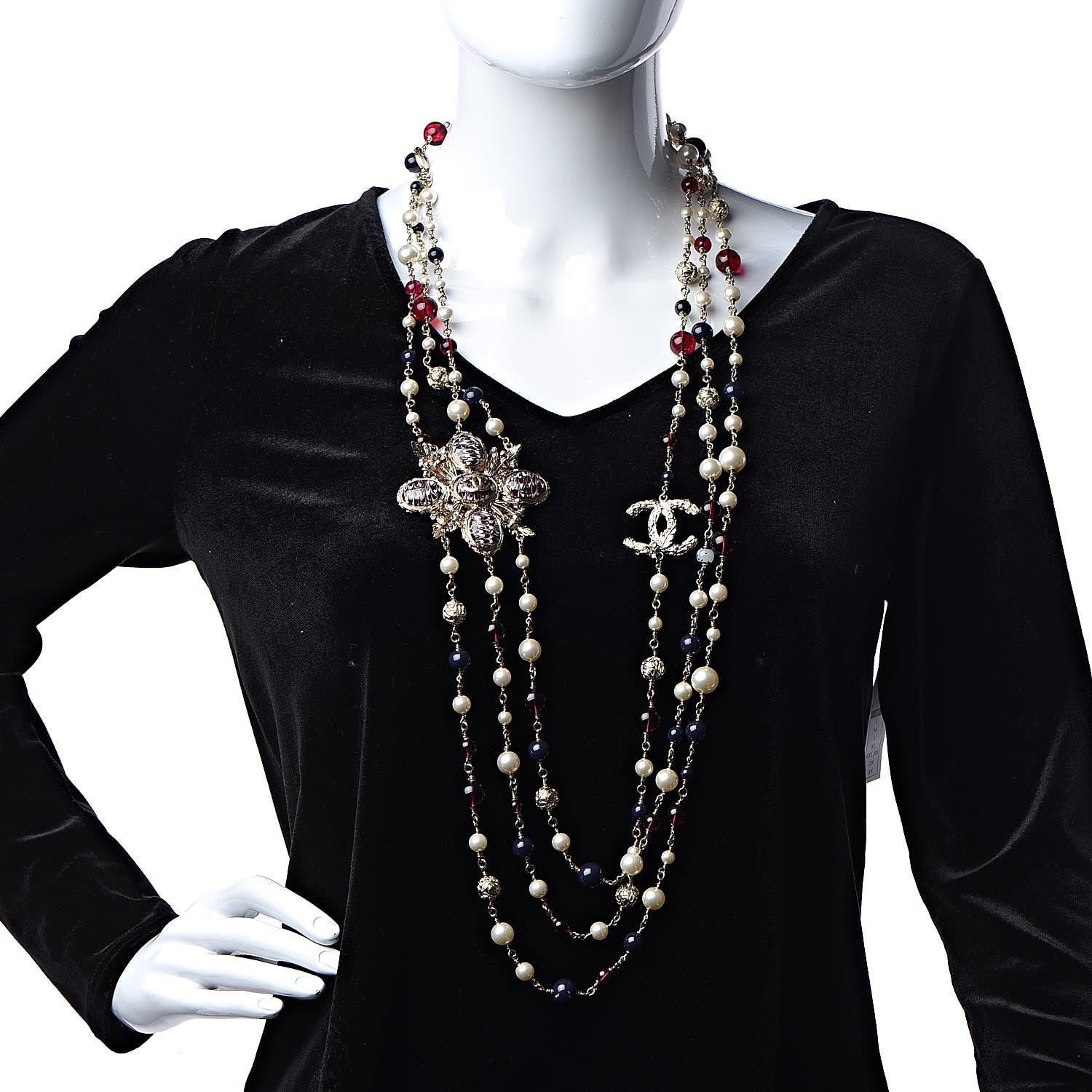 Chanel Pearl Bead Crystal CC Long Necklace Gold Red 2 of 6