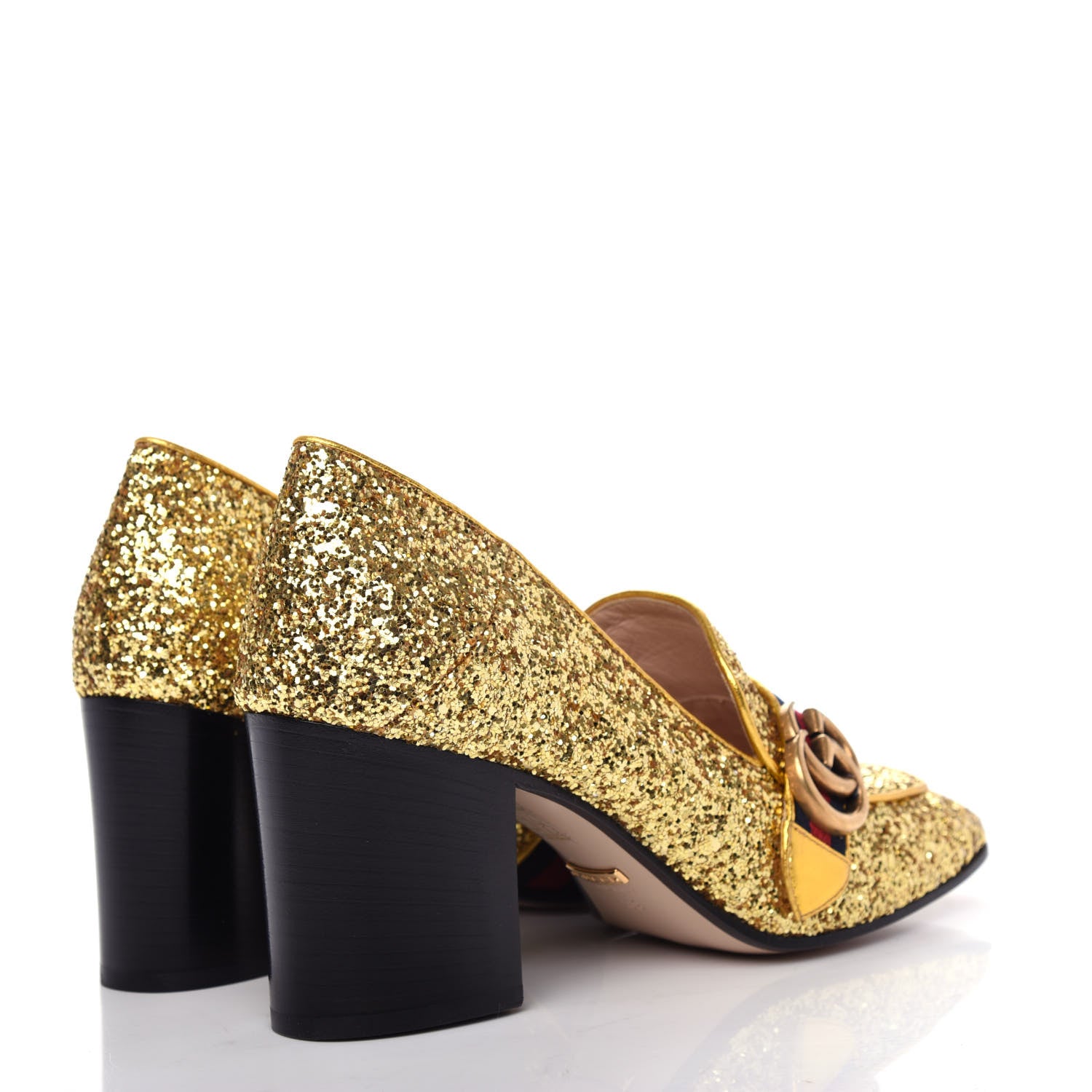 Gucci Glitter Nappa Web Peyton 75mm Loafer Pumps 39 Oro Vecchio 4 of 11