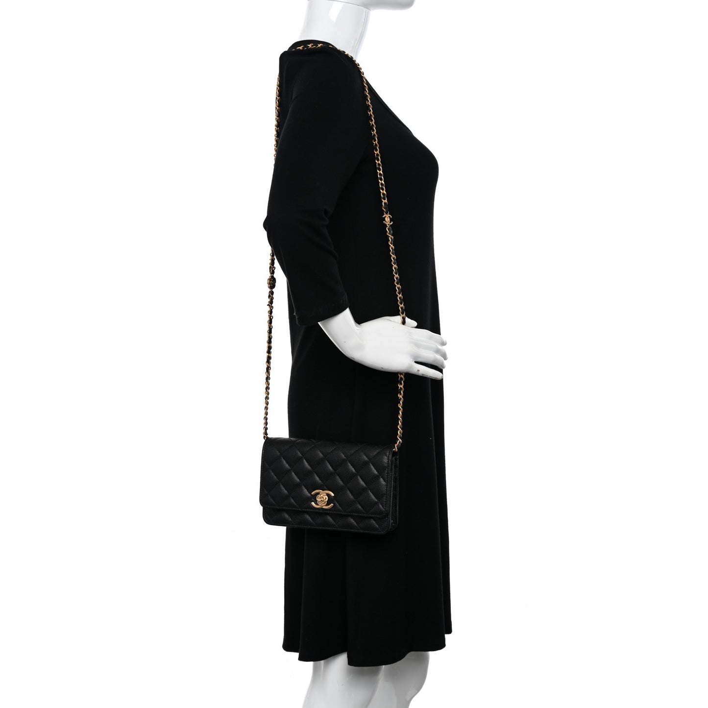 Caviar Quilted Camellia Wallet On Chain WOC Black