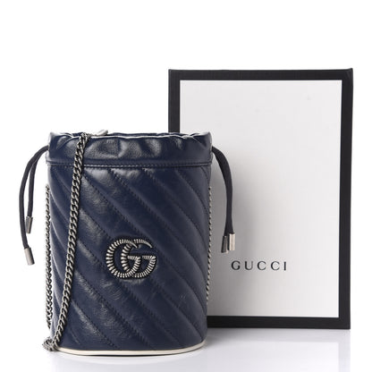 Gucci Vintage Effect Calfskin Matelasse Diagonal Mini Torchon GG Marmont 2.0 Bucket Bag Blue Agata Mystic White 11 of 11