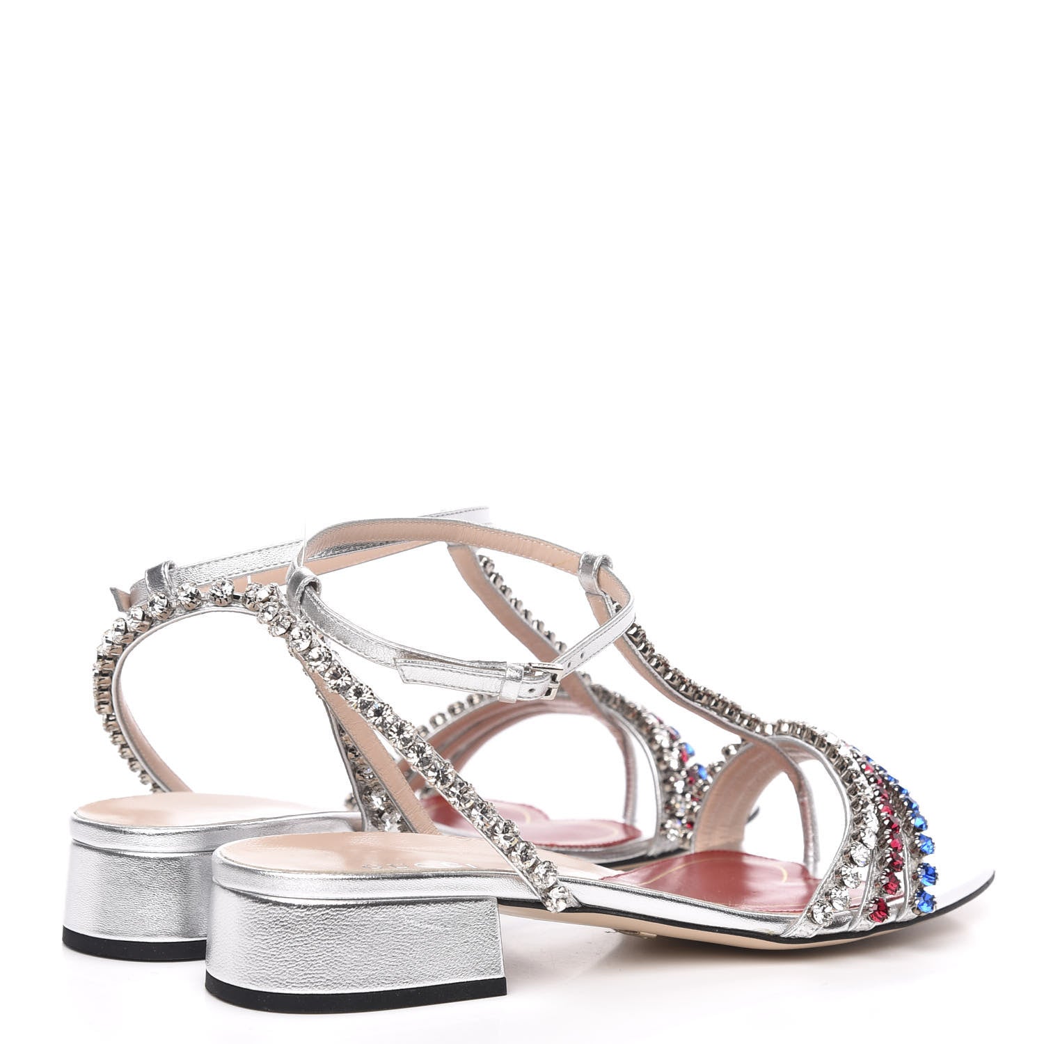 Gucci Nappa Silk Crystal Bertie T-Strap Low Heel Sandals 37 Argento 4 of 8