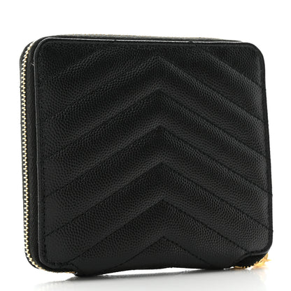 Saint Laurent Grain De Poudre Matelasse Chevron Monogram Compact Zip Around Wallet Black 3 of 6