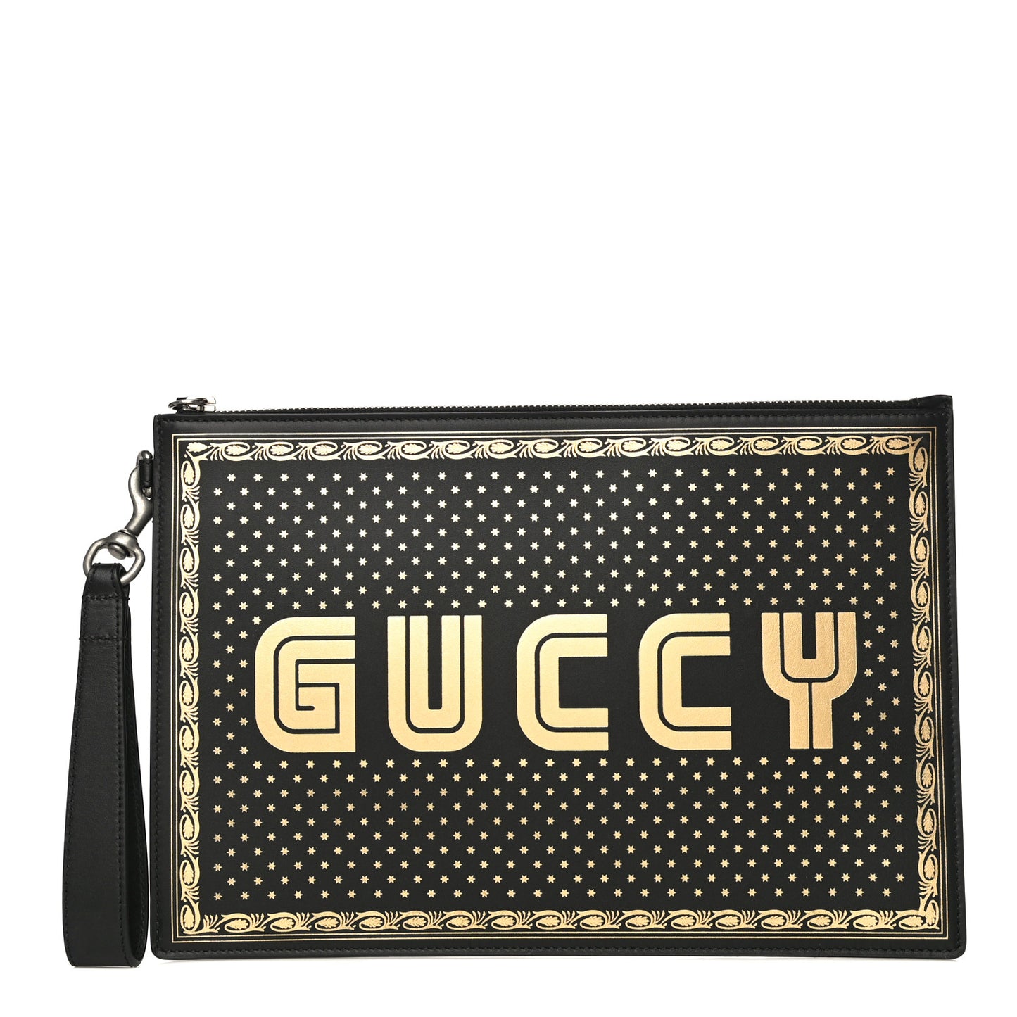 X SEGA Calfskin GUCCY Stars Zip Wristlet Pouch Black Gold