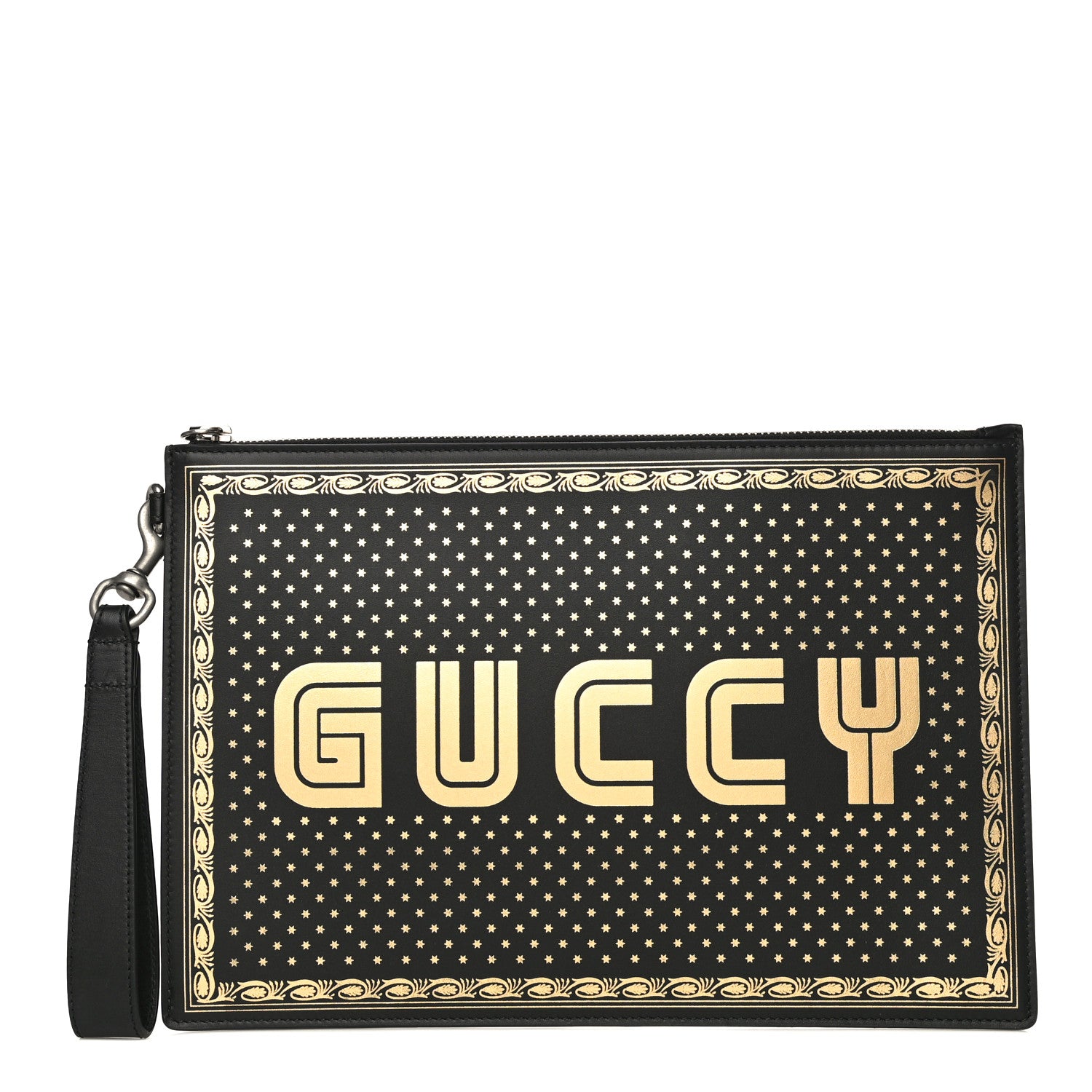 Gucci X SEGA Calfskin GUCCY Stars Zip Wristlet Pouch Black Gold 1 of 11