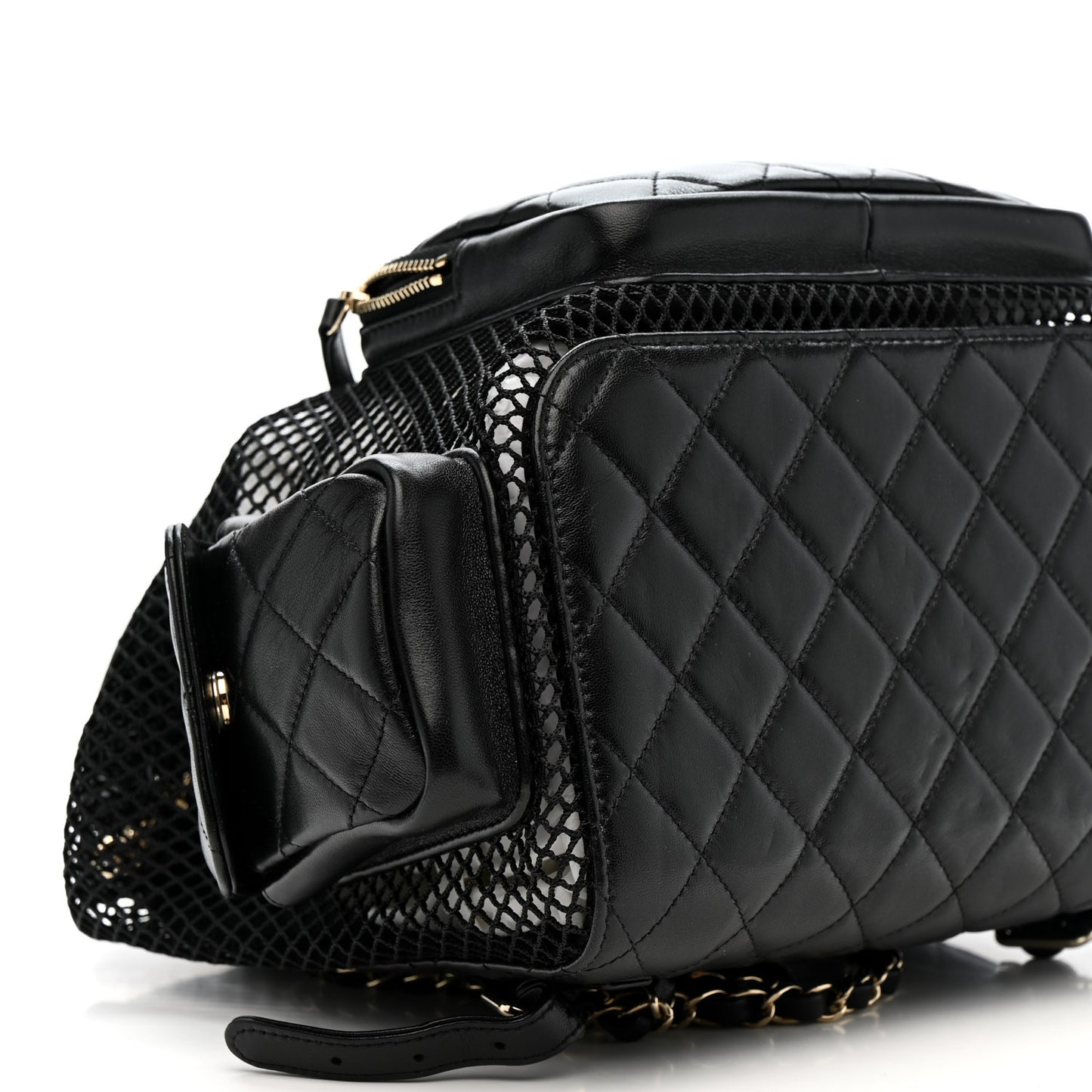 Shiny Lambskin Mesh Quilted Large Cargo Duma Drawstring Backpack Black