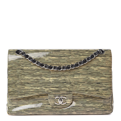 Chanel Patent Calfskin Striped Jumbo Double Flap Yellow Black 1 of 10