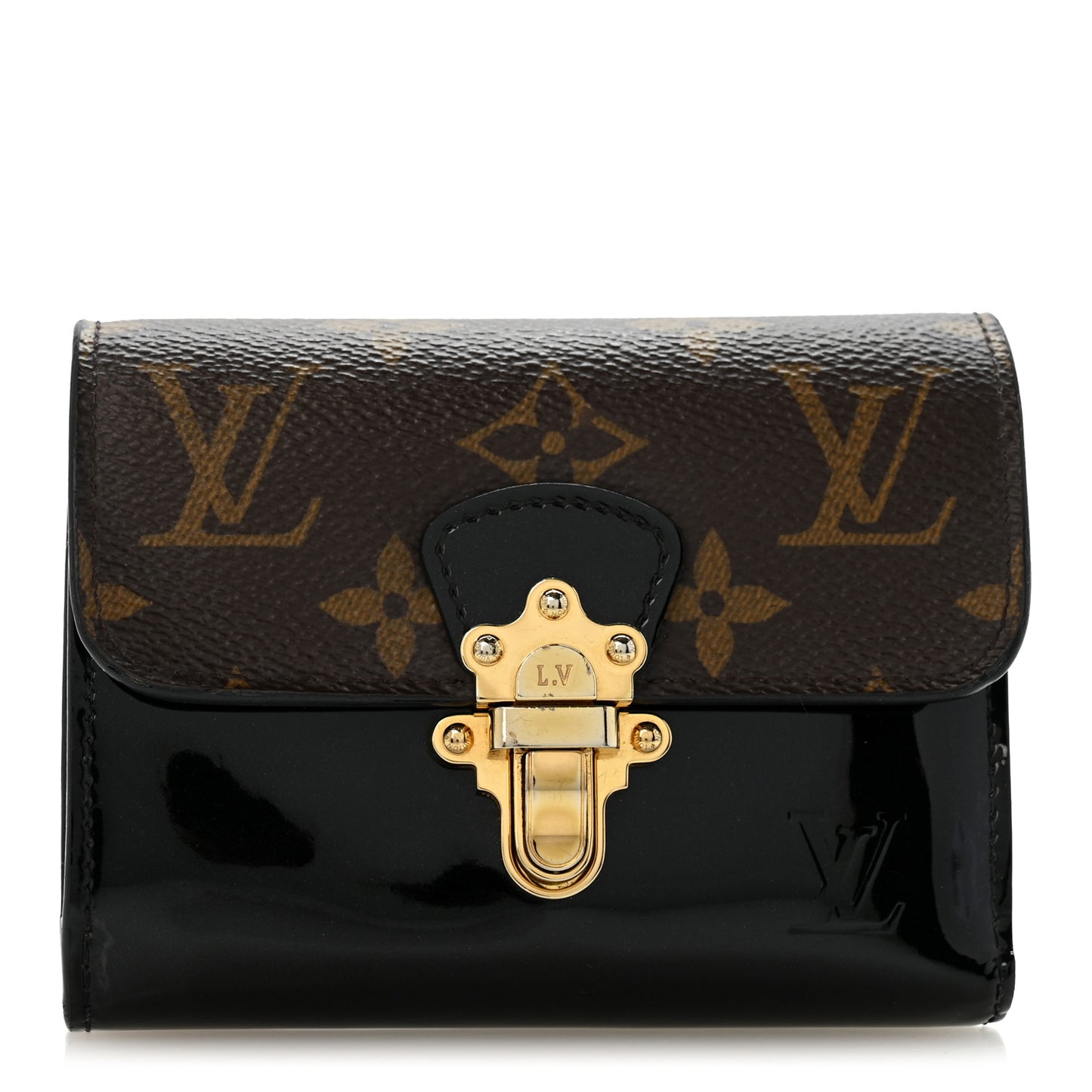 Patent Calfskin Monogram Cherrywood Compact Wallet Black