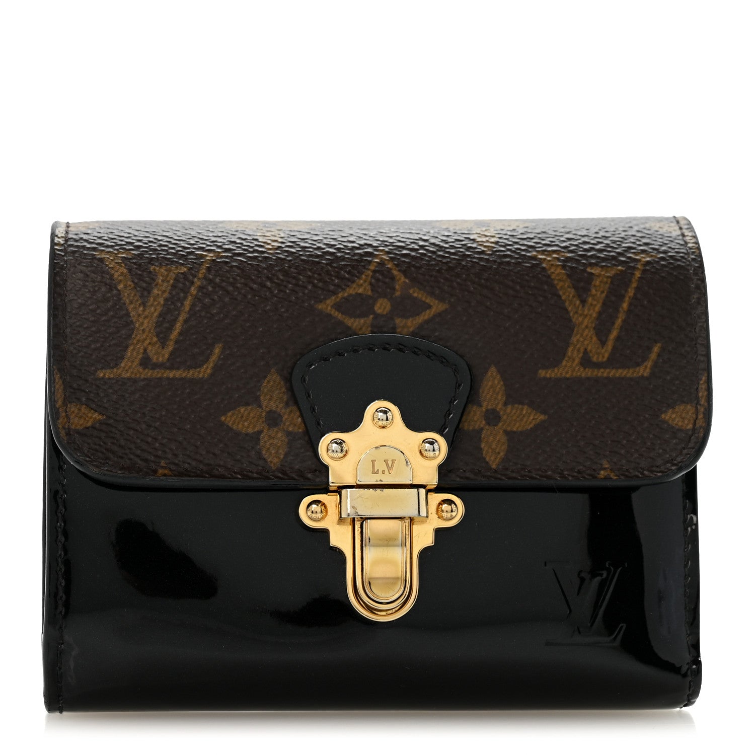Louis Vuitton Patent Calfskin Monogram Cherrywood Compact Wallet Black 1 of 12