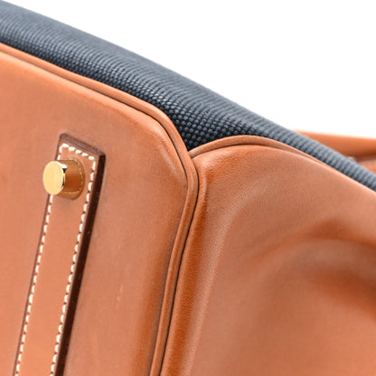 Hermes Toile Natural Barenia Flag Birkin 35 Fauve Bleu Indigo Bleu Thalassa 14 of 19