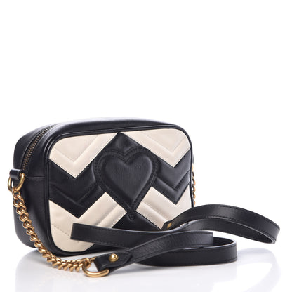 Gucci Calfskin Matelasse Mini GG Marmont Chain Shoulder Bag Black White 3 of 7