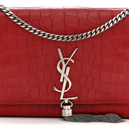 Saint Laurent Calfskin Crocodile Embossed Medium Classic Monogram Kate Tassel Satchel New Red 7 of 9