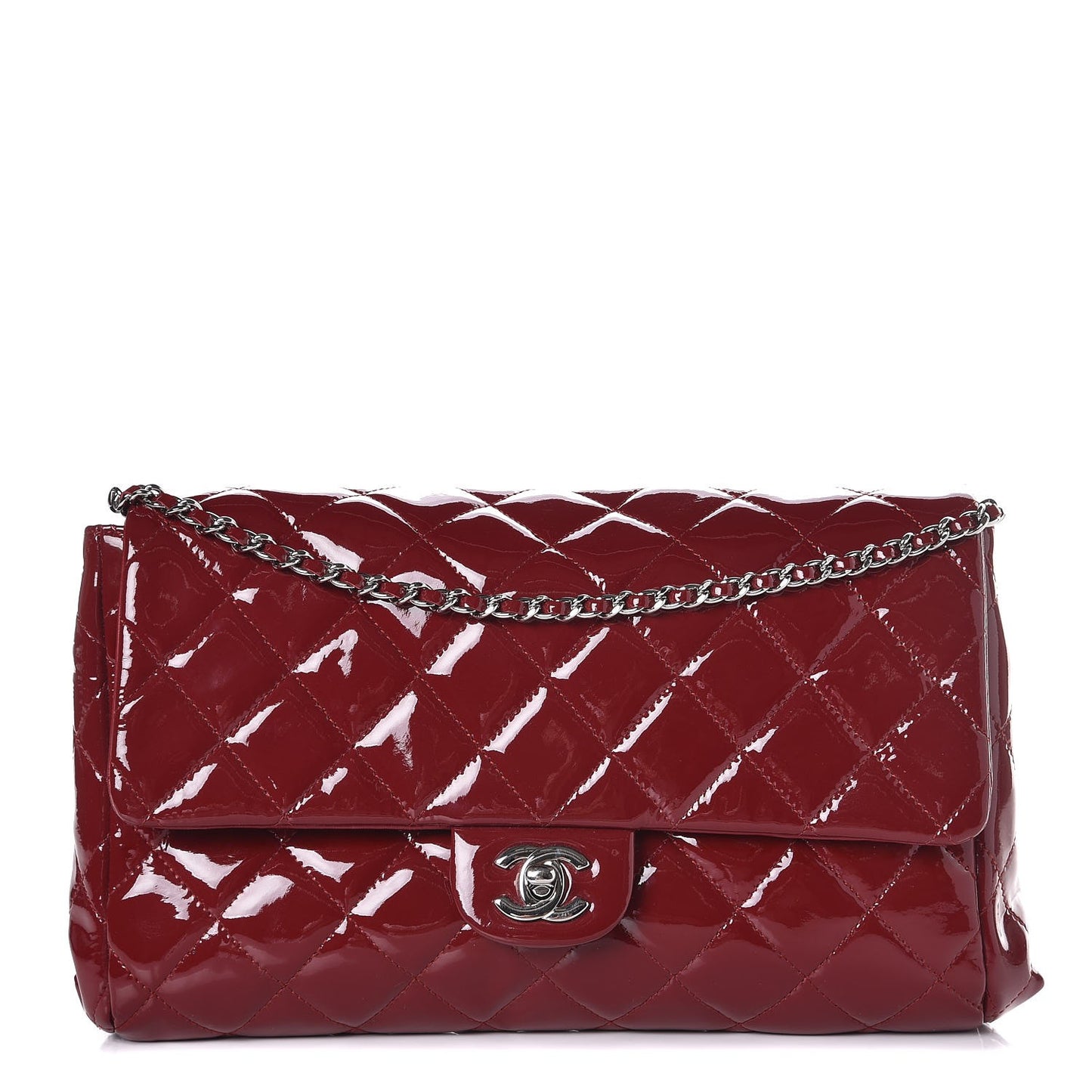 Patent Quilted Clutch With Chain Flap Red