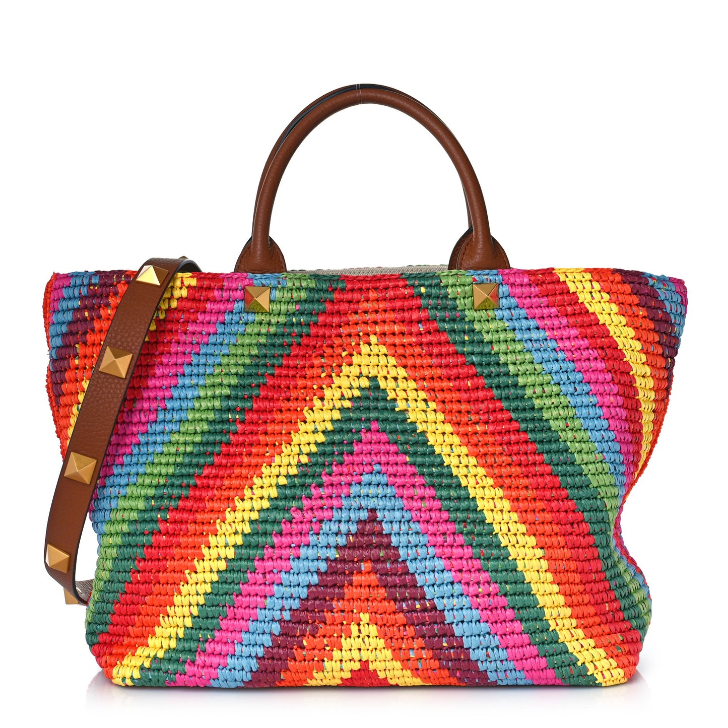 Raffia Calfskin Rockstud Summer Tote Multicolor