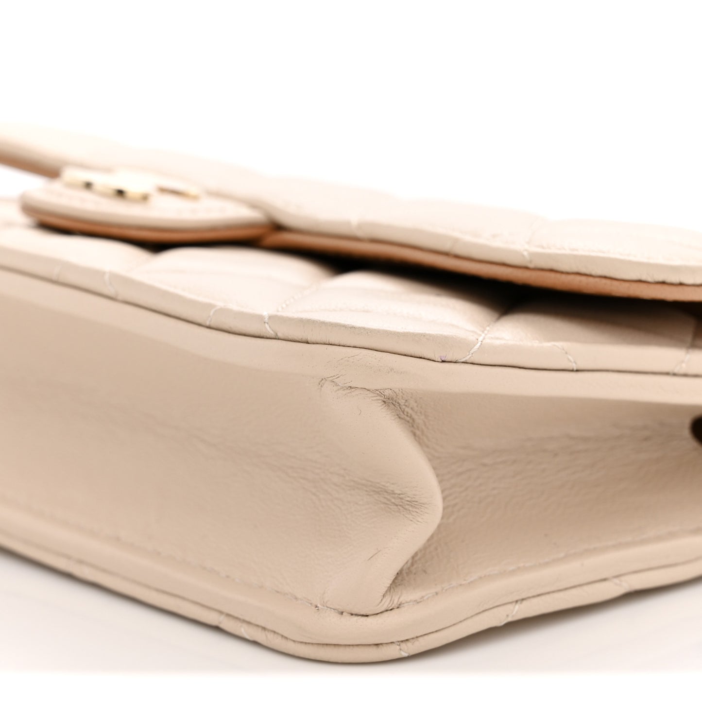 Lambskin Quilted Flap Phone Holder With Chain Ecru Dark Beige