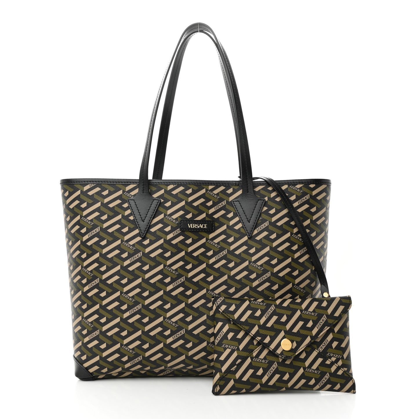Canvas Calfskin Monogram La Greca Medusa Tote Black Khaki