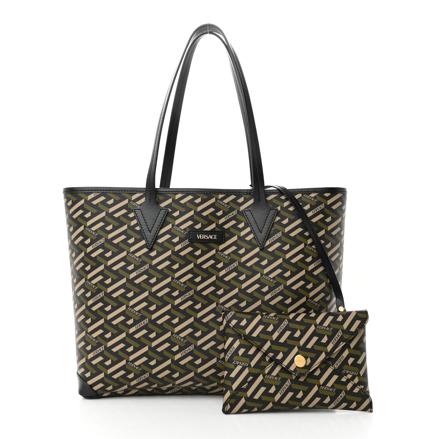 Versace Canvas Calfskin Monogram La Greca Medusa Tote Black Khaki 3 of 10
