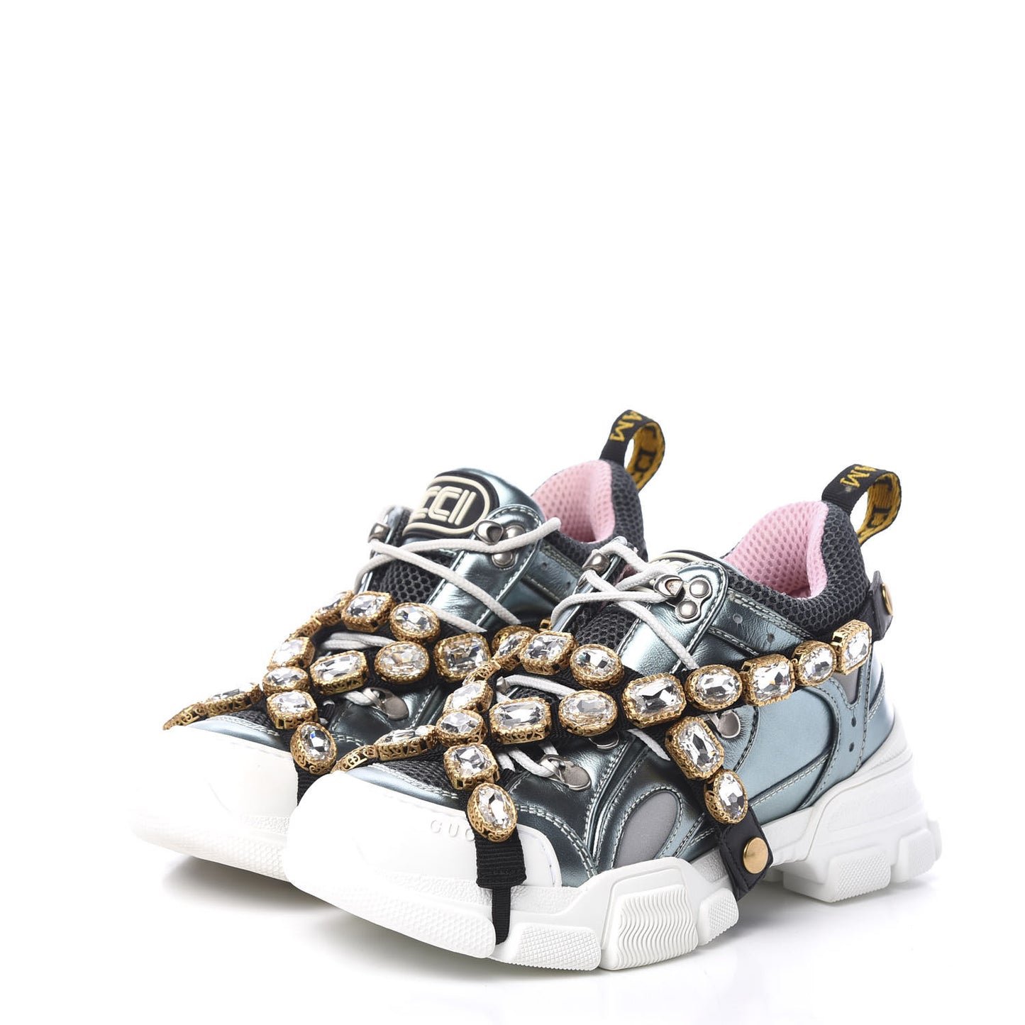 X SEGA Metallic Calfskin Removable Crystals Womens Flashtrek Sneakers 37 Lago Loess Silver