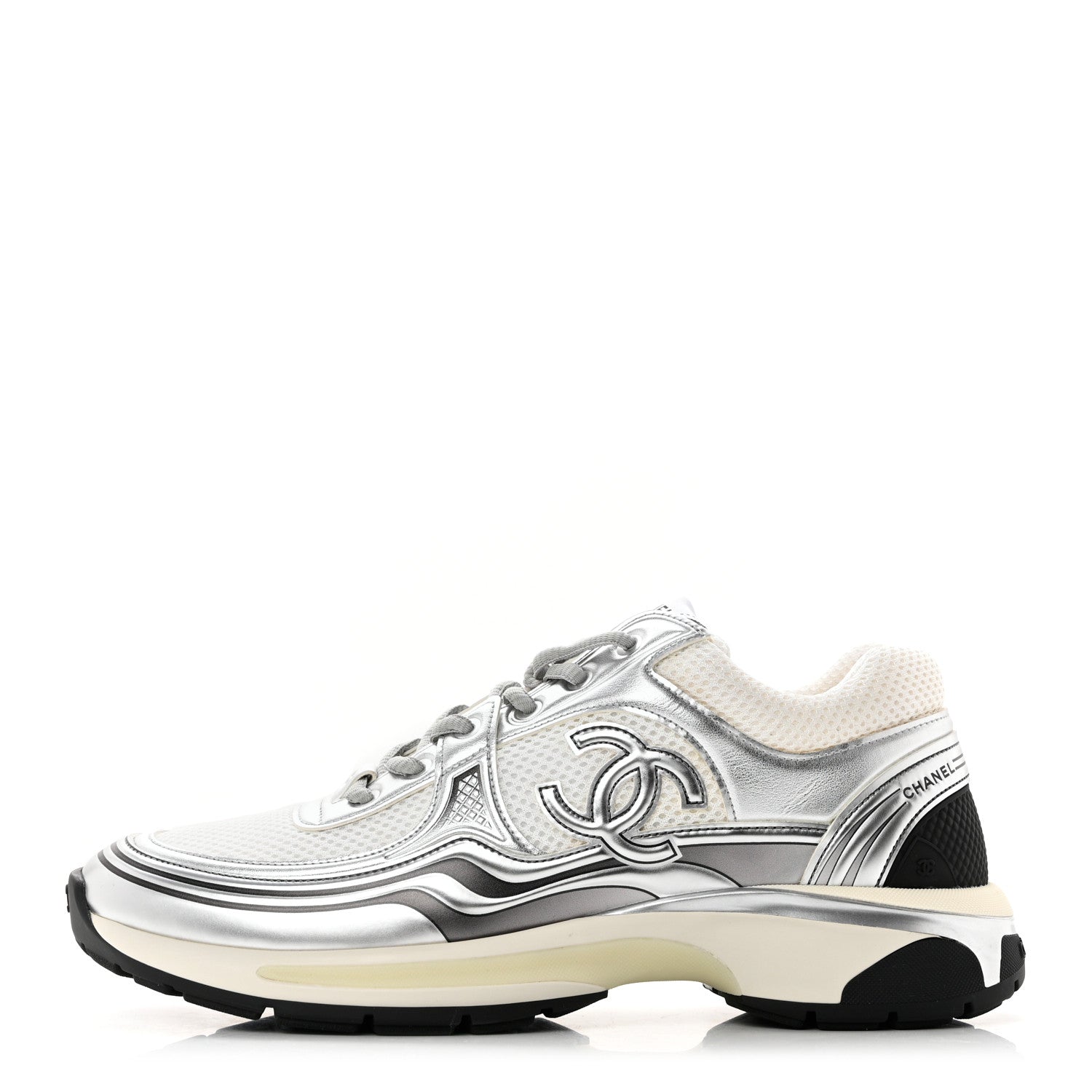 Chanel Fabric Laminated Calfskin Stretch CC Sneakers 40.5 White Silver 1 of 9