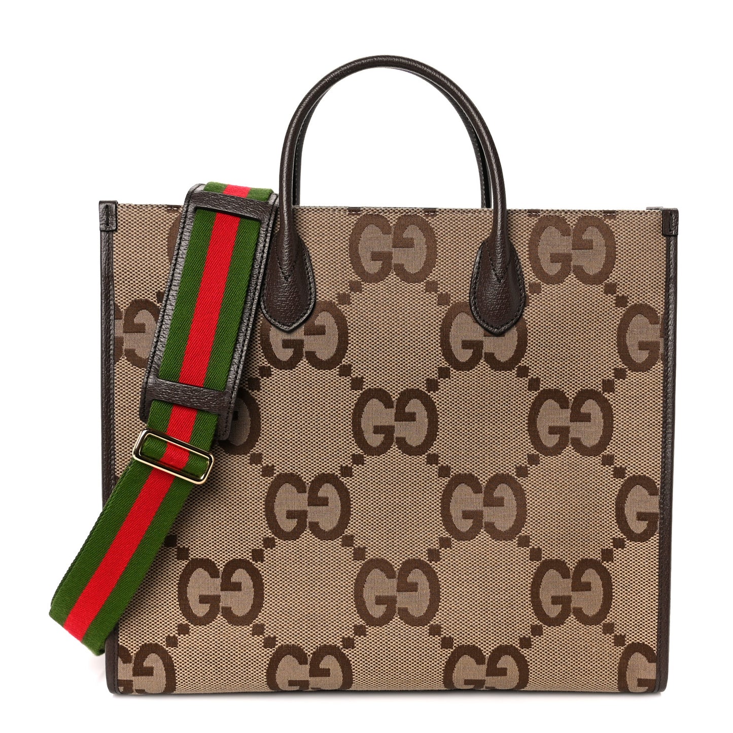 Monogram Jumbo GG Textured Dollar Calfskin Web Tote Bag Camel Ebony New Acero