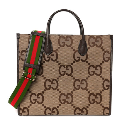 Gucci Monogram Jumbo GG Textured Dollar Calfskin Web Tote Bag Camel Ebony New Acero 1 of 11