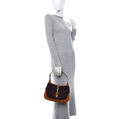 Gucci Monogram Felt Azalea Calfskin Web Small Jackie 1961 Hobo Navy Burgundy 3 of 8