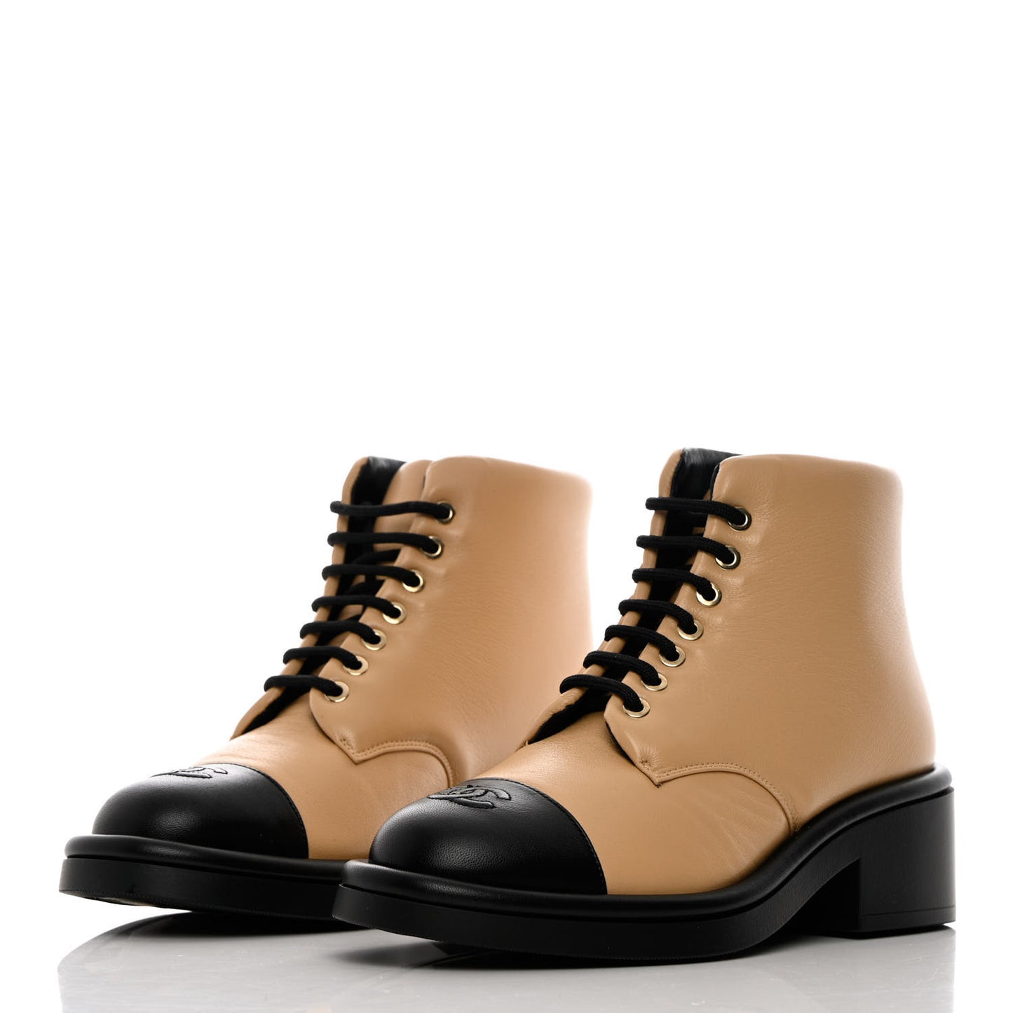 Lambskin Lace Up Combat Boots 38 Beige Black