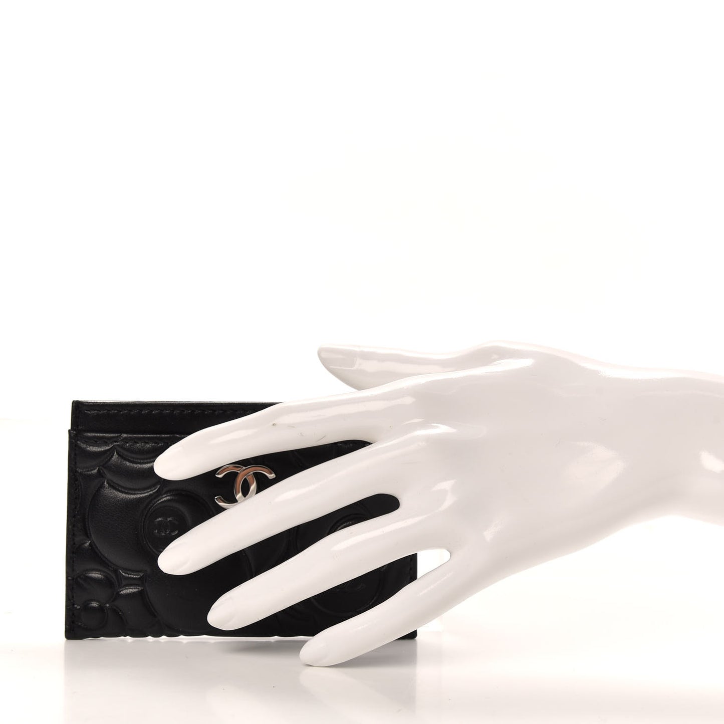 Lambskin Camellia Embossed Card Holder Black