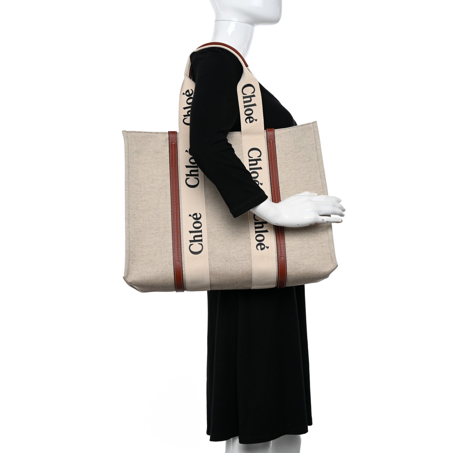 Chloe Cotton Calfskin Large Woody Ribbon Tote White Brown 2 of 10
