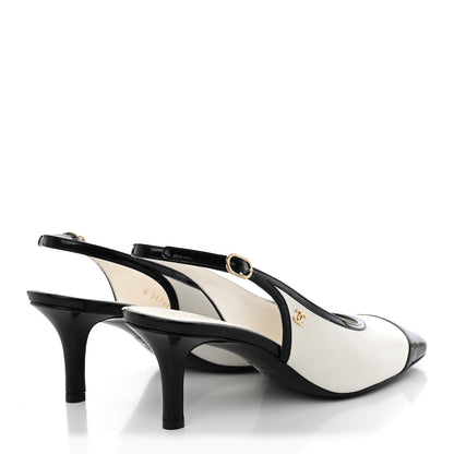 Chanel Lambskin Patent Calfskin Cap Toe CC Slingback Pumps 38 White Black 5 of 12