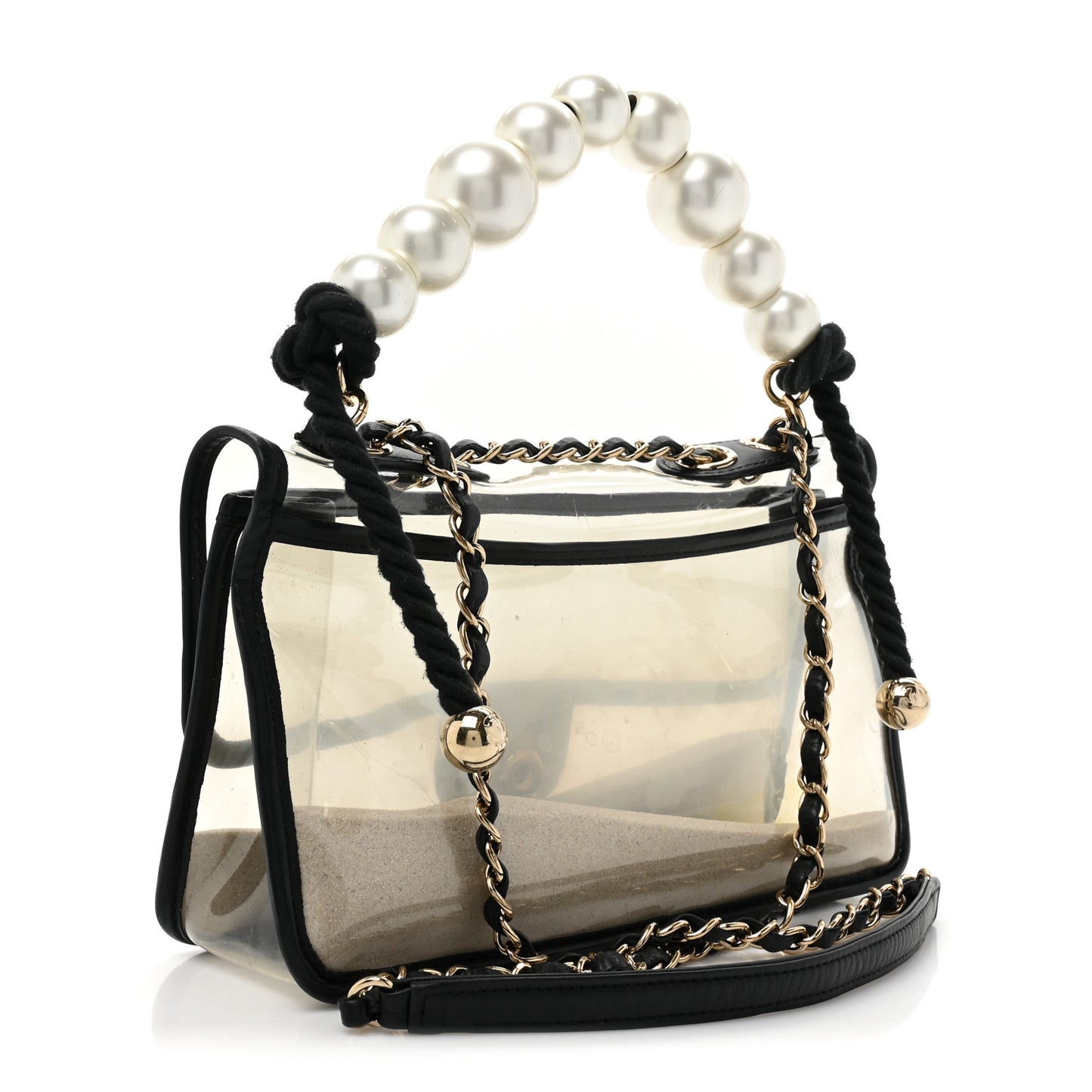 Lambskin PVC Sand By The Sea Flap With Pearl Strap Black