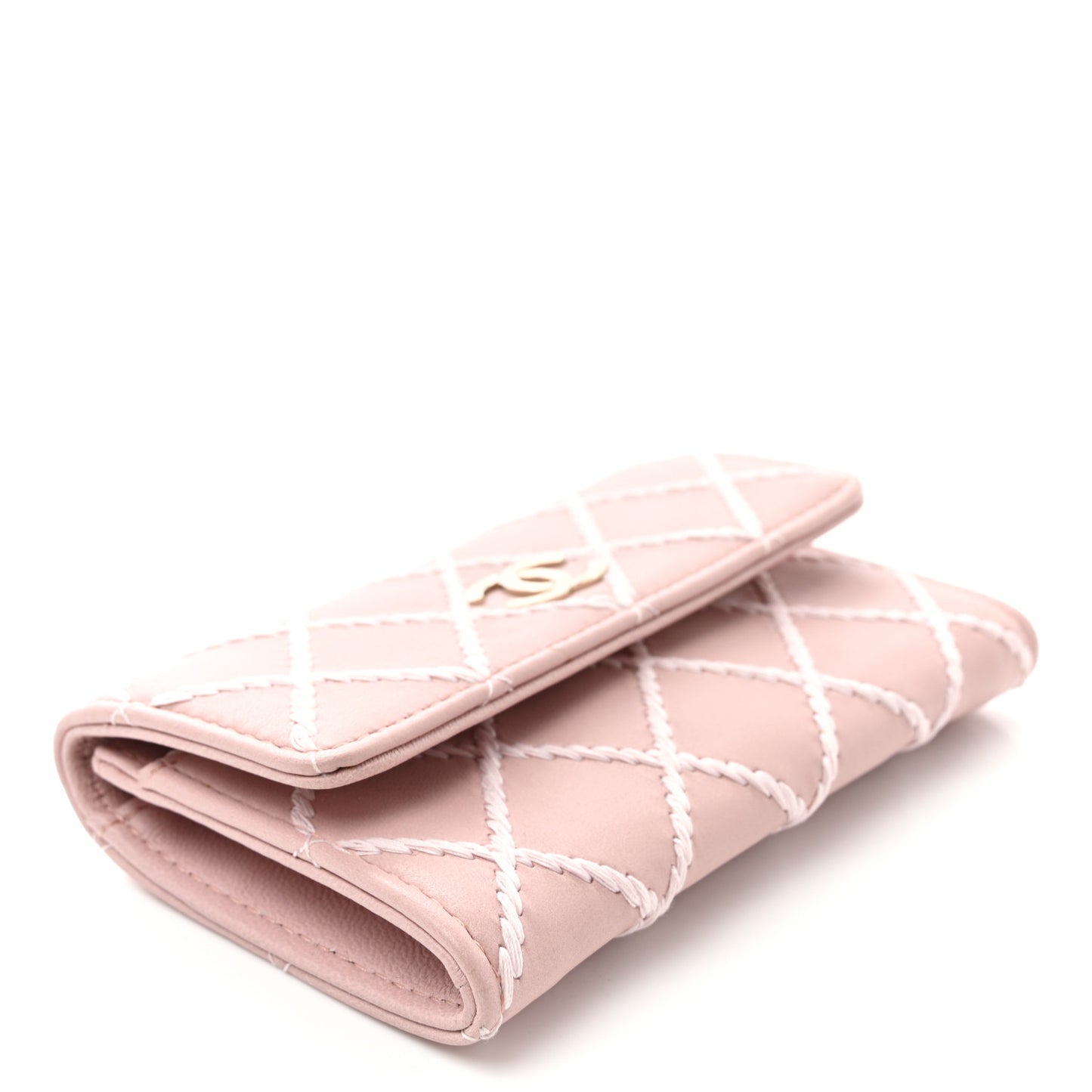 Lambskin Quilted Stitch Flap Card Holder Pink White