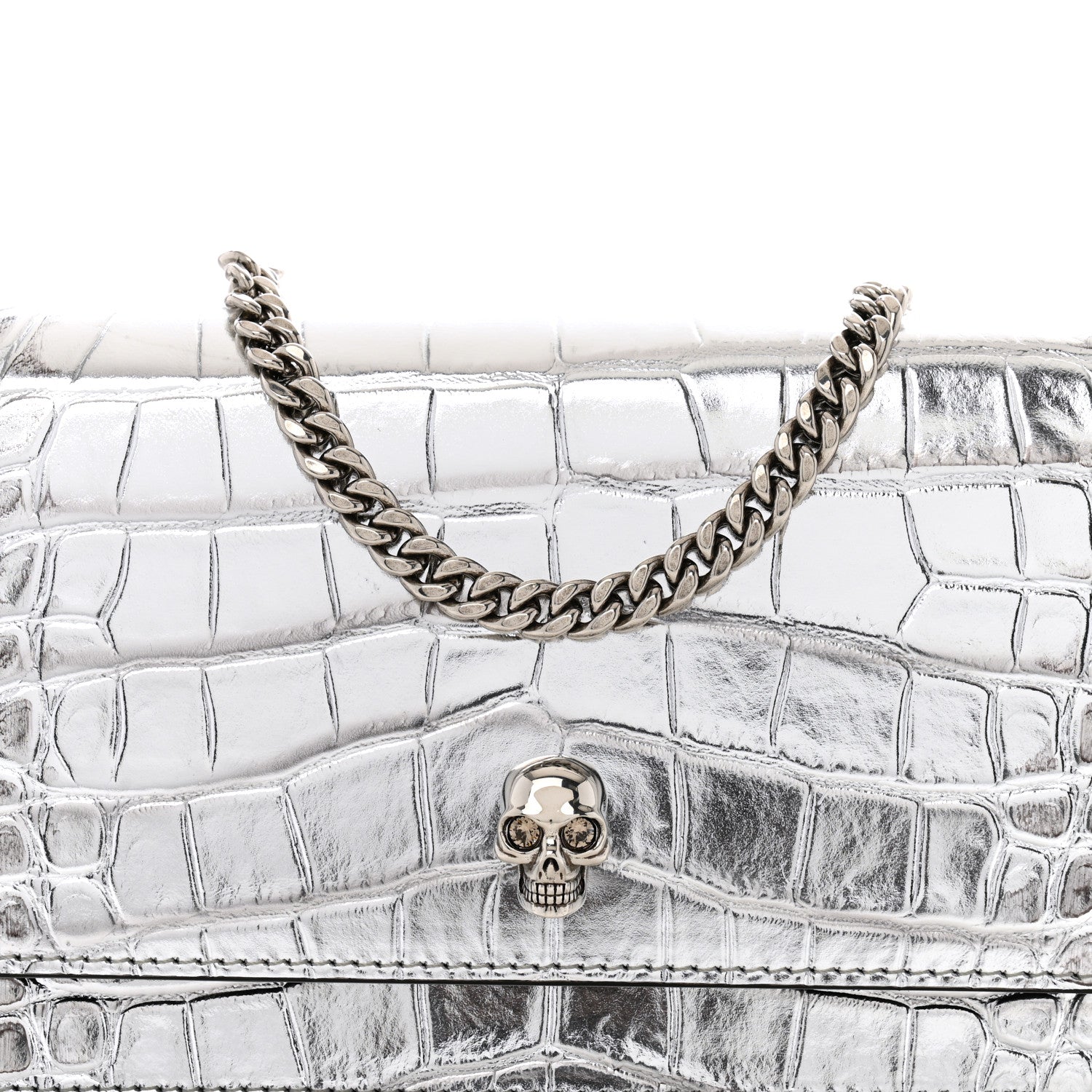 Alexander McQueen Metallic Calfskin Crocodile Embossed Skull Mini Shoulder Bag Silver 7 of 11