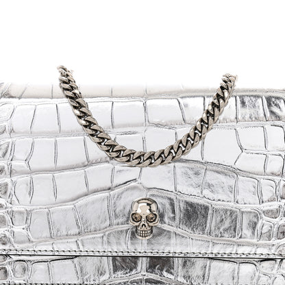Alexander McQueen Metallic Calfskin Crocodile Embossed Skull Mini Shoulder Bag Silver 7 of 11