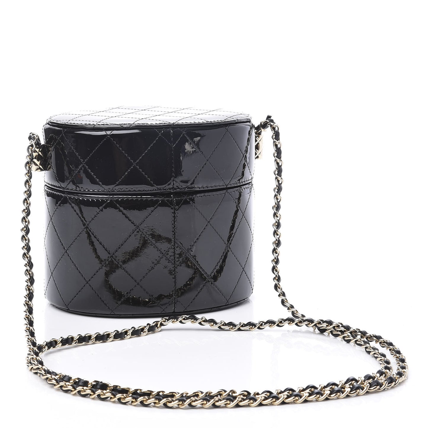 Patent Quilted Round Clutch With Chain Black