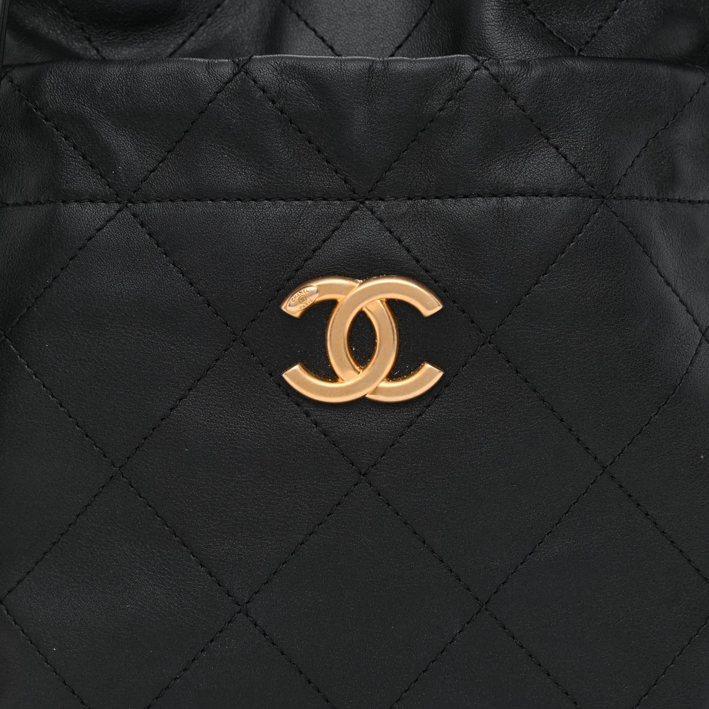 Calfskin Quilted Drawstring Bucket Bag Black