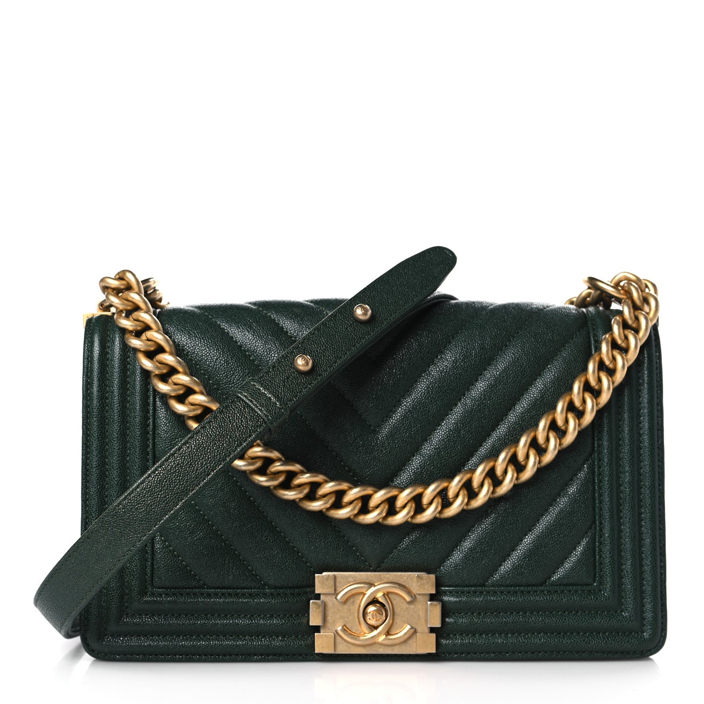 Caviar Chevron Quilted Medium Boy Flap Dark Green