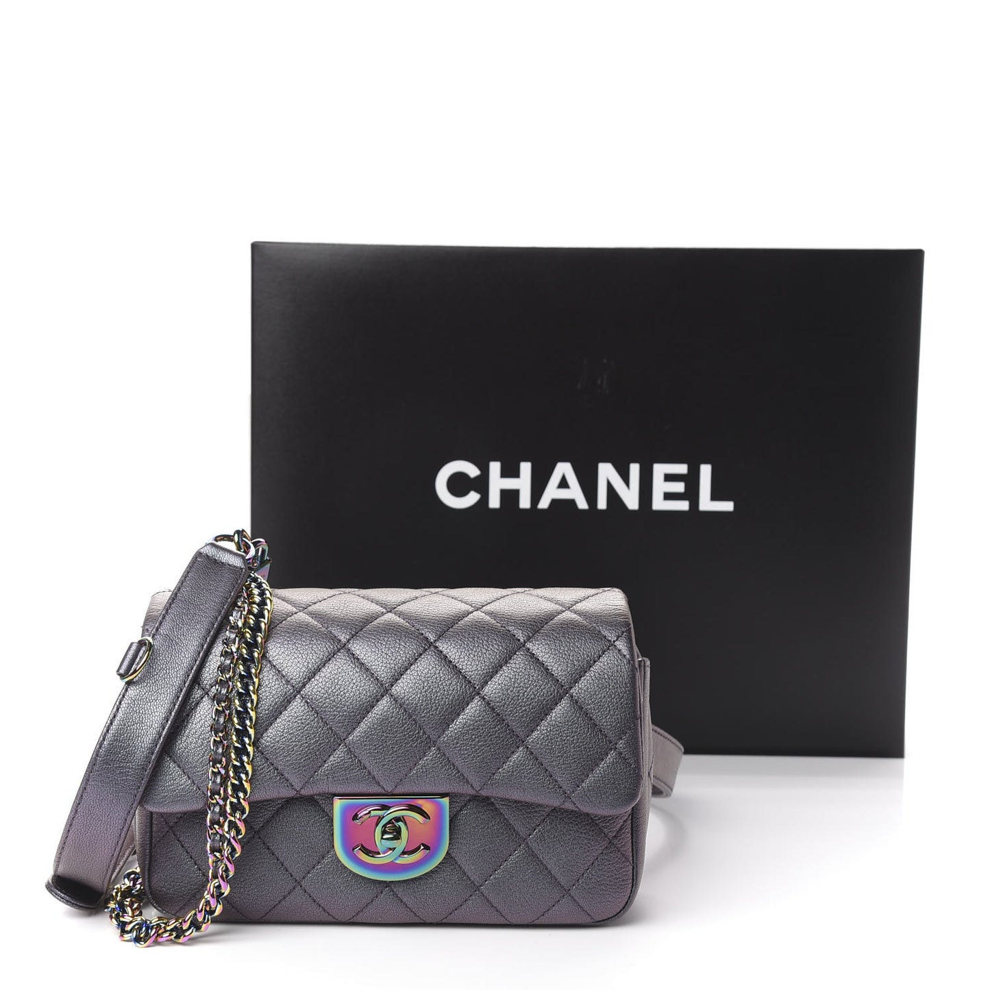 Iridescent Goatskin Quilted Small Double Carry Waist Chain Flap Purple