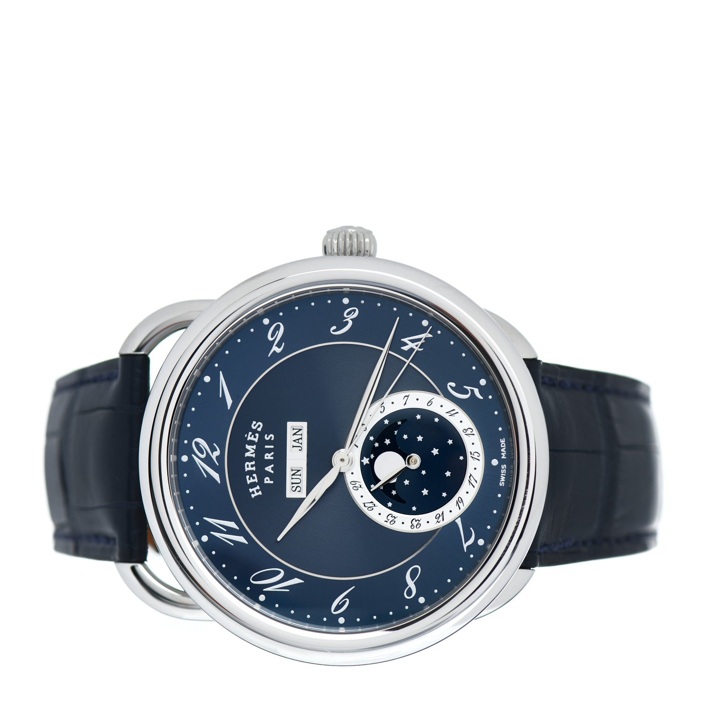 Stainless Steel Alligator 43mm Arceau Grande Lune Automatic Watch Bleu Abysse