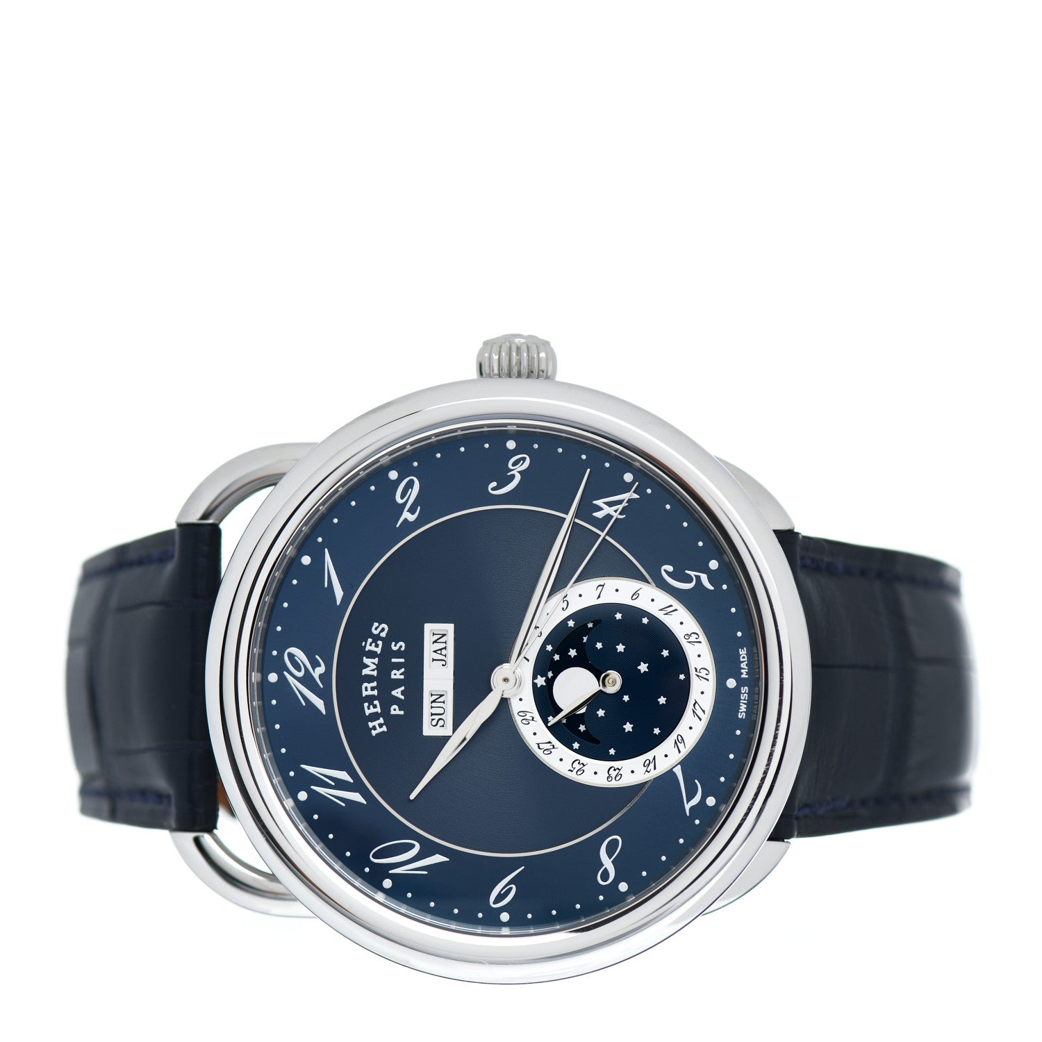 Hermes Stainless Steel Alligator 43mm Arceau Grande Lune Automatic Watch Bleu Abysse 2 of 5