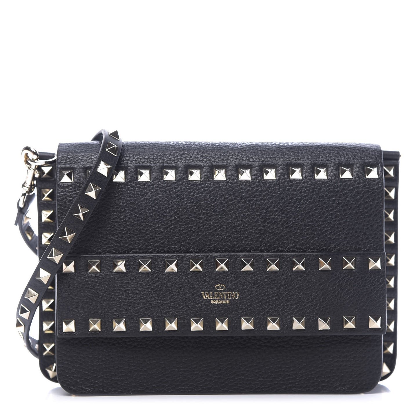 Pebbled Calfskin Rockstud Side Slip Crossbody Black