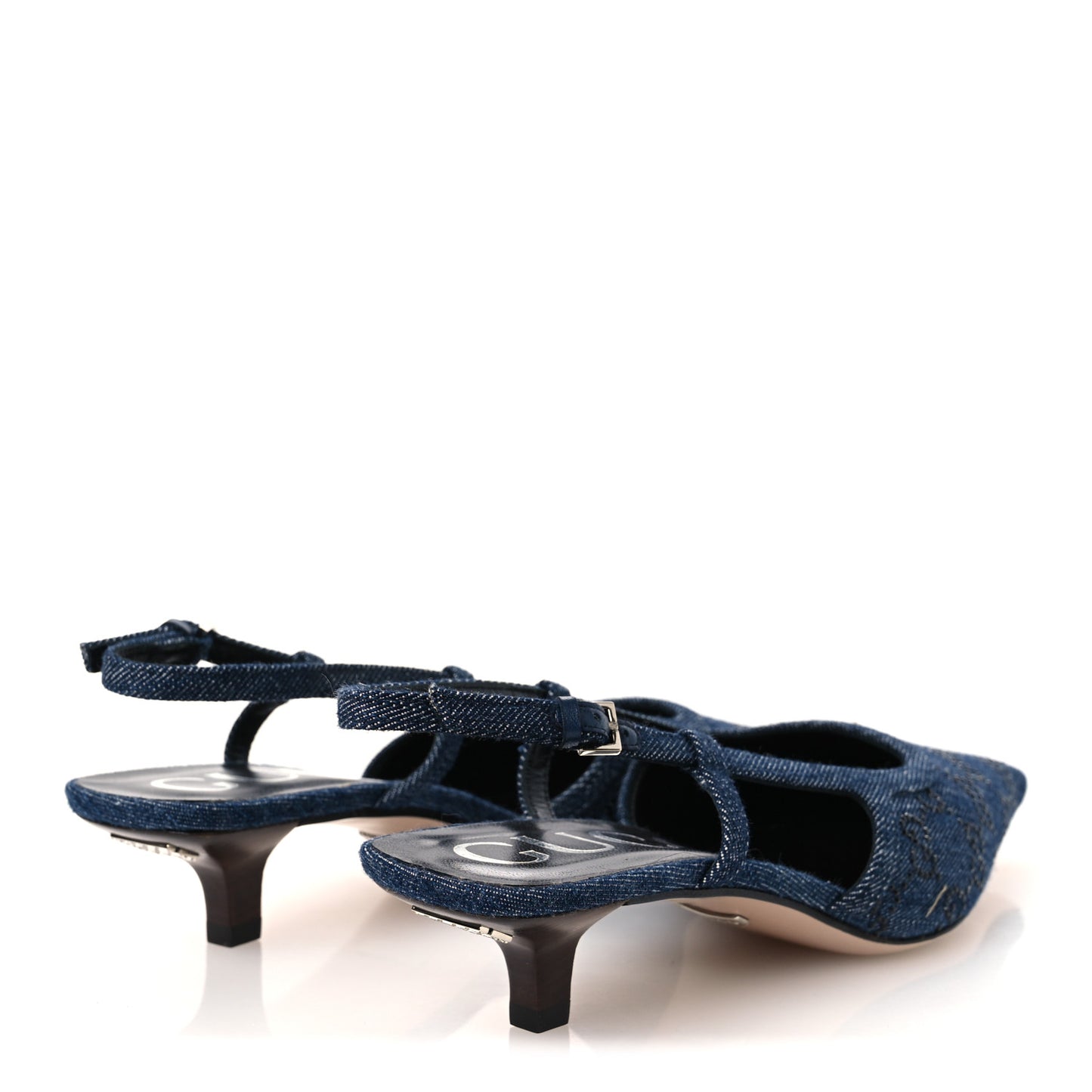 Denim GG Monogram Malaga Kid Crystal Square G 35mm Slingback Pumps 38 Blue