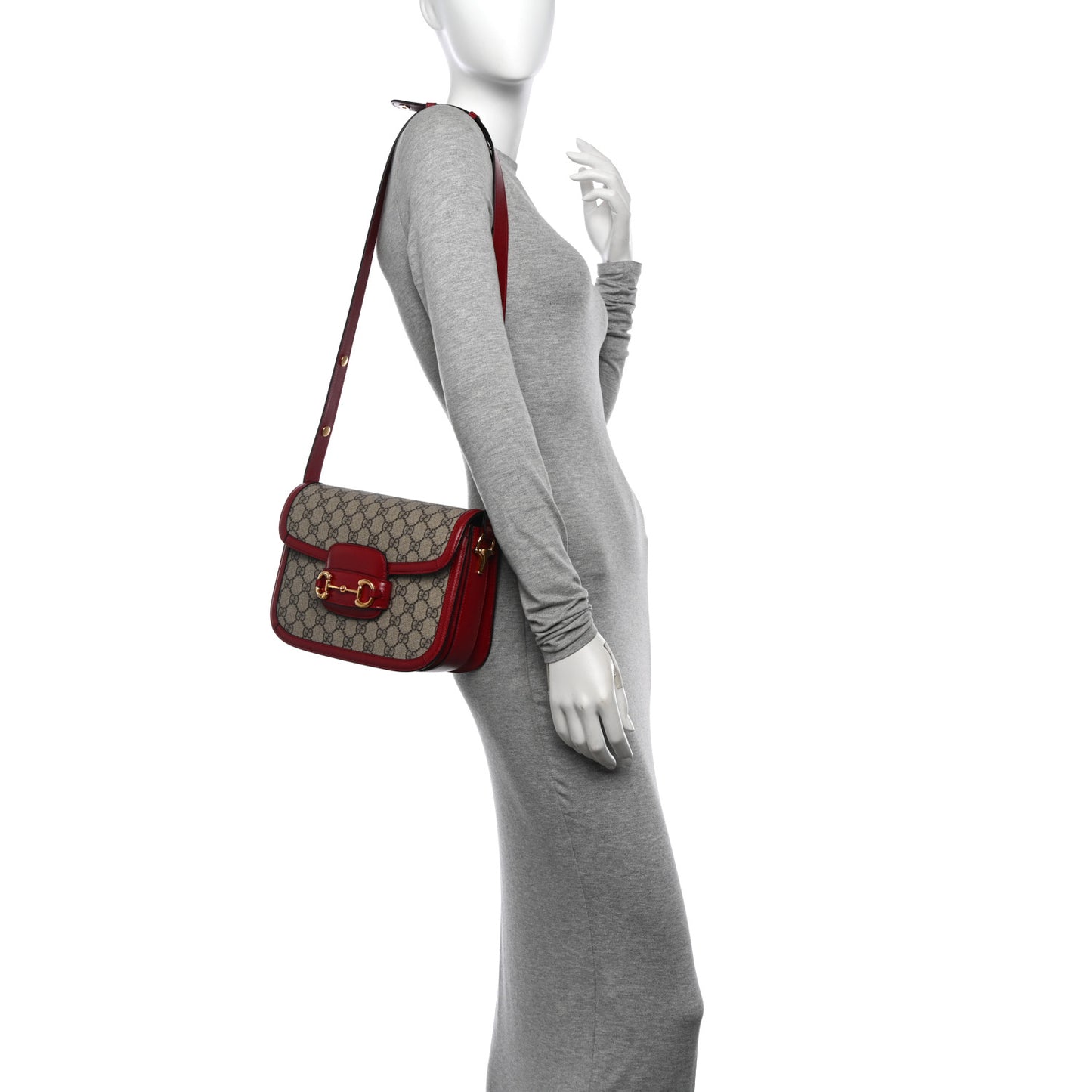 GG Supreme Monogram Azalea Calfskin Horsebit 1955 Shoulder Bag Beige Ebony New Cherry Red
