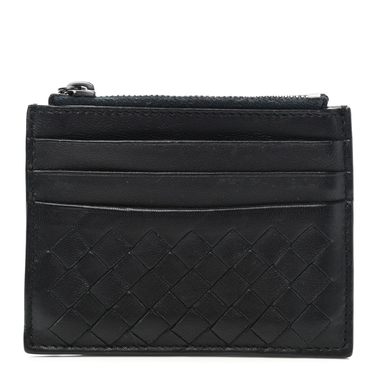 Calfskin Intrecciato Zip Card Holder Black