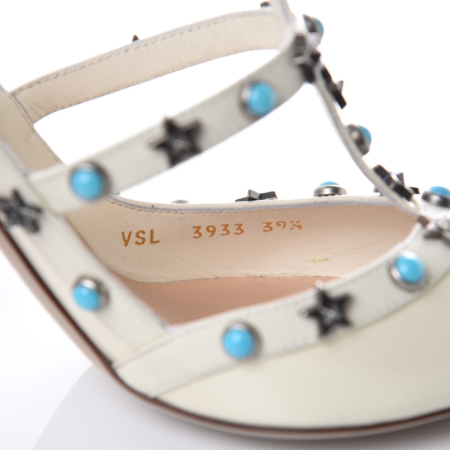 Patent Stars Turquoise Rockstud Rolling Ankle Strap 100mm Pumps 39.5 Ivory