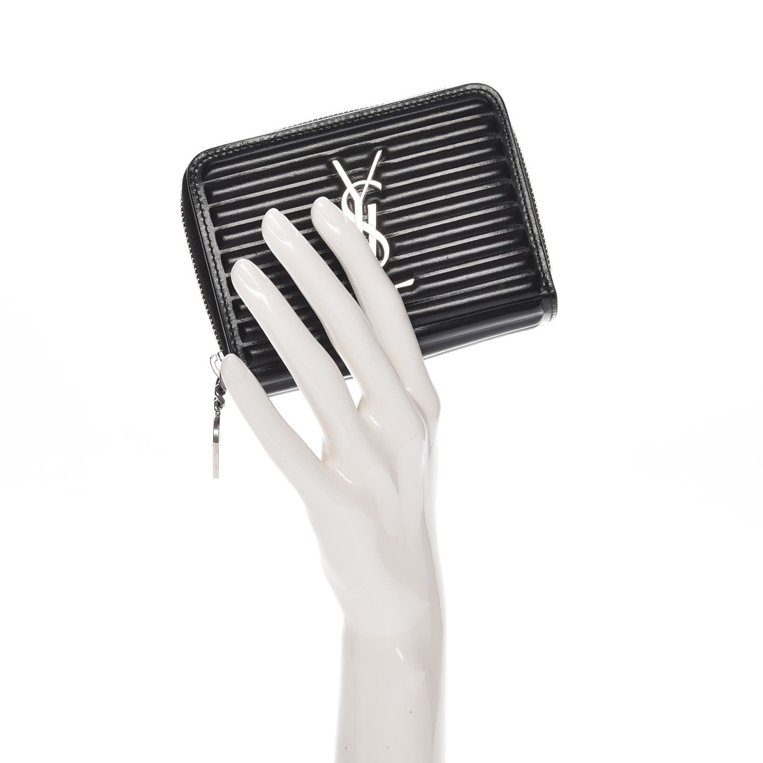 Saint Laurent Ribbed Calfskin Opium Monogram Compact Zip Around Wallet Black 2 of 8